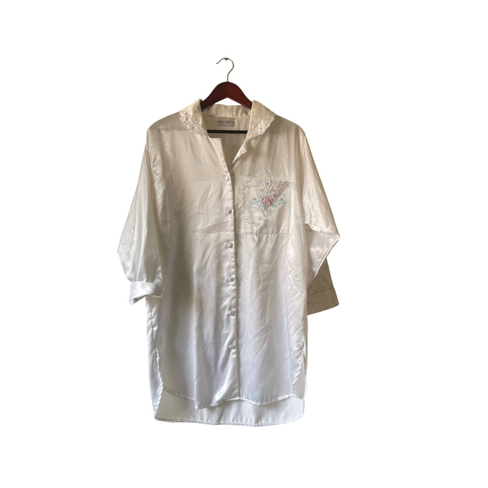 Ashley Taylor Vintage White Satin Embroidered Nightshirt Button Down Sleep Shirt